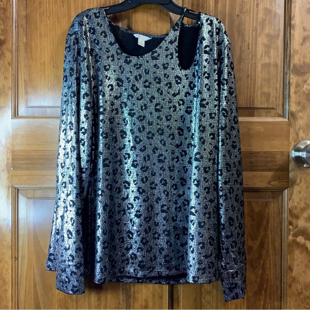 Women’s Cato XL black leopard silver shiny open shoulder long sleeve blouse top